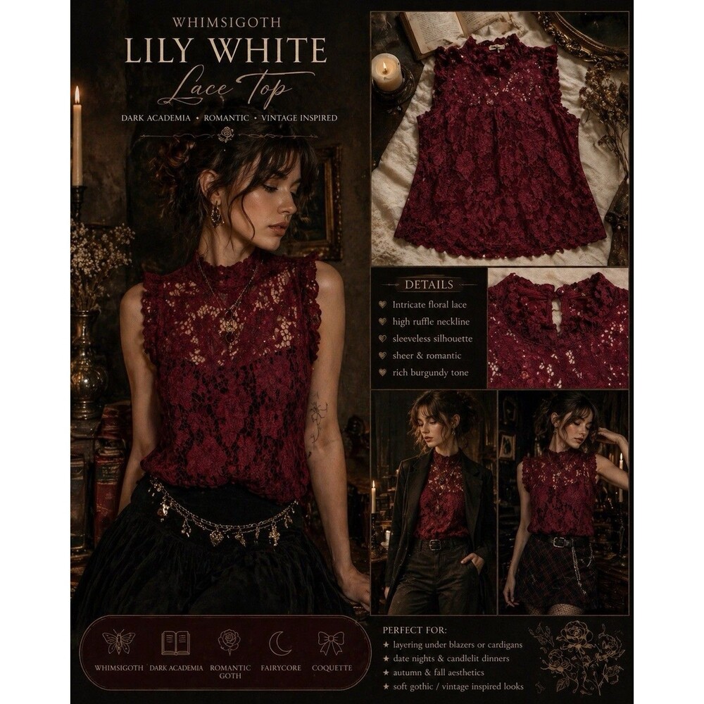 Lily White Lace Top Burgundy Whimsigoth Dark Academia Romantic Goth L